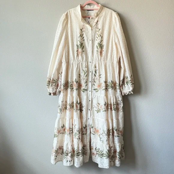ANewsta Curve 4XL Ivory Floral Embroidered Eyelet Maxi Dress Long Sleeve Cottage - Picture 5 of 13